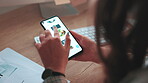 Night, businesswoman and phone screen in hands for food order, online menu or scroll in office. Choice, late work or hungry employee with tech for ecommerce, meal delivery service or tick for payment