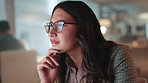 Thinking, business and woman on computer in office for typing email, reading feedback finance report. Person, glasses and planning for financial project, investment information and review budget