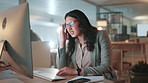 Business woman, computer or headache in office at night for article pressure, burnout or fatigue. Media agency, journalist and tension migraine with news publication deadline, brain fog or overworked