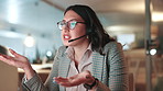 Headset, woman and customer service agent in office for international consultation with translation. Mic, technology and female call center consultant with multilingual support for global client.