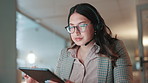 Night, call center and woman in office, tablet and internet with connection, digital app and tech. Evening, person and consultant in workplace, headset and customer service with online reading