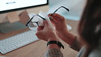 Glasses, eye care or woman in call center cleaning lens for dust removal, clear vision or overtime. Night, agent or cloth to wipe eyewear spectacles for hygiene, dirt protection or prescription frame