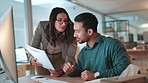 Night, paperwork or business people with computer, help or cooperation with ideas for budget report. Employees, mentor or financial consultant in office, documents and pc with accounting or invest