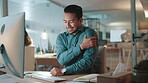 Shoulder pain, employee and man with injury, night and accident in office, working late and massage. Business, hurt and person with bad posture, inflammation and sprain of arm, deadline or overworked