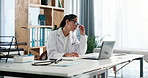 Doctor, woman and laptop with thinking in clinic for medical journal, research or telehealth. Healthcare, report and typing with document in hospital for administration, management or problem solving