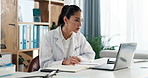 Woman, laptop and doctor writing notes for research, healthcare list and planning schedule. Computer, reading and medical professional with pen in office for prescription, insurance info and report