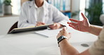 Hands, doctor and patient in office with consultation, notes and medical services in discussion. People, talk and healthcare in wellness, hospital or clinic for diagnosis or professional opinion