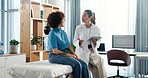 Tablet, doctor and talking with women in office for healthcare exam, patient history and checkup. Digital records, medical diagnosis and help with people in clinic for symptoms survey and report