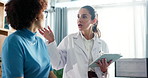 Tablet, doctor and meeting with women in office for healthcare exam, patient history and checkup. Digital records, medical diagnosis and help with people in clinic for symptoms survey and report