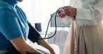 Blood pressure, checkup and doctor with woman in clinic for heart health, pulse or consultation. Sphygmomanometer, medical and physician with female patient for hypertension assessment in hospital.