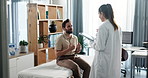 Tablet, talking and advice with doctor and man for healthcare exam, discussion and diagnosis. Medical checkup, survey and insurance update with people in clinic for treatment plan and consulting