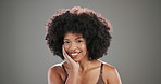 Face, skincare and black woman in studio, cosmetics and dermatology on grey background. African person, space or happy model with wellness, afro or self care with shine, glow or makeup with aesthetic
