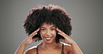Skincare, smile and face of black woman in studio for dermatology, self love and collagen. Beauty, cosmetics and facial treatment with person on gray background for glow, shine and dermatology
