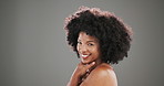 Mockup, body care and face of black woman in studio with beauty, natural and hydration treatment. Cosmetics, portrait and African person with dermatology routine for smooth skin by gray background. 