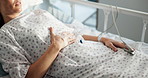 Pain, healthcare and woman in hospital bed, iv drip and medical emergency with recovery. Closeup, person and patient in clinic, healing and illness with disease, morphine and cancer diagnosis