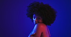 Face, black woman and beauty for skincare in studio of pride, natural glow and facial treatment. Portrait, female person and afro with cosmetics, dermatology shine and smooth skin on neon background