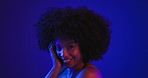 Face, black woman and and smile for skincare in studio for beauty, natural glow and facial treatment. Portrait, person and afro with cosmetics, dermatology benefits and smooth skin on neon background