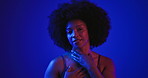 Face, black woman and touch for skincare in studio of pride, natural glow and facial treatment. Portrait, female person and afro for cosmetics, dermatology benefits and smooth skin on neon background