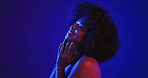 Smile, black woman and pride for skincare in studio of beauty, natural glow and facial treatment. Happy, female person and afro with cosmetics, dermatology benefits and smooth skin on neon background
