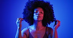 Face, black woman and neon for hair care in studio for volume, natural afro and healthy growth. Portrait, female person and cosmetics for curly textures, keratin treatment and shine of transformation