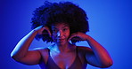 Neon light, skincare and face of black woman in studio with beauty, natural and facial treatment. Cosmetics, portrait and African female person with dermatology routine for glow by blue background. 