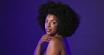 Face, black woman and skincare in neon studio for beauty, natural glow and facial treatment. Portrait, female person and afro with cosmetics, dermatology benefits and smooth skin for wellness results