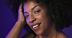 Face, black woman and beauty for hair care in neon studio for volume, natural afro and healthy growth. Portrait, person and cosmetics for curly textures, keratin treatment and shine of transformation