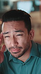 Office, headache and business man with stress, overworked and burnout on computer with fatigue. Migraine, face and tired worker massage temples for deadline, exhausted and brain fog with pain