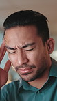 Headache, stress and businessman in office with burnout, fatigue or eye strain for computer. Tired, mistake and male journalist with migraine for exhaustion with project deadline in workplace.