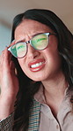 Headache, brain fog and businesswoman in office with burnout, fatigue or eye strain for computer. Glasses, stress and female journalist with migraine for exhaustion with project deadline in workplace