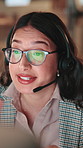 Agent, woman and talking in call center night shift for chat, sales consulting and loan help. FAQ, financial advisor or finance questions with customer service overtime for solution and banking limit