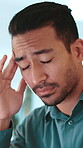 Office, businessman and pain with headache for burnout, tax deadline or work pressure for accountant. Stress, male person and financial consultant with hand massage for migraine, fatigue or brain fog