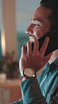 Phone call, night and business man in office talking for contact, communication and discussion. Corporate, professional worker and person on smartphone for online chat, connection and networking