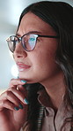 Woman, typing and thinking at startup, night and admin with perspective for project at media company. Person, writer and editor with computer, decision and review for article with research at agency