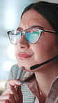 Thinking, agent and woman with headset in call center, sales and playing with pen for telemarketing. Business, representative and person with tech for consultation, contemplating and lead generation