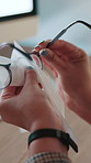 Calla center, cleaning and glasses with woman at night for eye care, lens protection or vision, Customer support, antibacterial and spectacles with person in office for dust, fabric and prescription