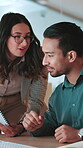 Collaboration, computer and file with business people in office together for feedback or help. Conversation, documents and planning with employee team at desk in workplace for solution or question