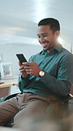Relax, phone and business man in office for online chat, social media and networking on break. Professional, corporate and person on smartphone with smile for connection, message and communication