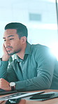 Tired, time and bored business man with burnout, overwork and low energy with laptop in office. Stress, fatigue and lazy worker with check watch for deadline, exhausted and thinking with flare