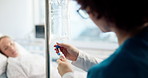 Nurse, hands or check iv drip in hospital for patient medication, healthcare treatment or nutrients. Medicine, woman and monitor intravenous infusion for hydration, anesthesia and prescription fluids