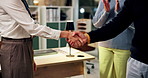 Business people, meeting and applause with handshake for agreement, b2b or deal at office. Group, colleagues or employees shaking hands for hiring, recruiting or introduction together at workplace