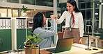Business, fist bump and women in office, greeting and support with partnership, success and smile. People, employee and consultant with hand gesture, celebration and hello with teamwork and happiness