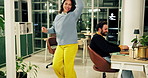 Office, dance and employees with high five, greeting and smile for new project, night shift or good mood. Walk, excited woman and coworkers in workplace with handshake, friendship and fun in overtime