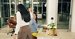 Office, night and employees with high five, greetings and smile with new project, laptop and good mood. Walk, excited women and coworkers in workplace with handshake, friendship and fun in overtime