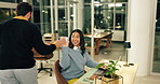 Office, dance and happy man with high five, greeting and smile with project, night shift and good mood. Walk, excited woman and coworkers in workplace with handshake, friendship and fun in overtime