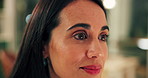 Business, face and reading with woman in office at night for accounting or financial report. Administration, computer and evening with accountant employee in dark workplace for wealth management