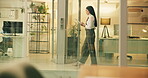 Business, woman and walk with tablet in office for bookkeeping, schedule update and night. Accountant, online and planning for tax audit ideas, financial data entry and decision for report deadline