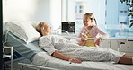Child, comfort and woman on bed at hospital for empathy, support and medical recovery. Sick mother, kid and holding hands for care after surgery, sympathy and consoling mom for treatment for wellness
