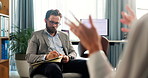 Therapist, notes and patient in consultation for mental health, discussion and recovery support for anxiety. Therapy, psychologist and hands of person for counseling, share trauma and client session