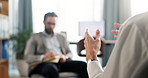 Psychology, consultation and therapist with patient, conversation and mental health. People, employee and client in office, discussion and explain with support, counselling service and solution